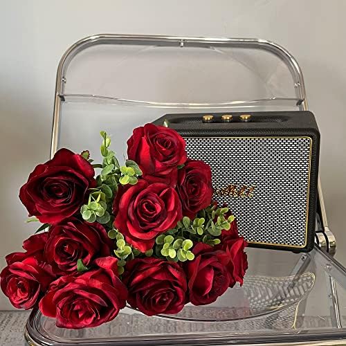 Nubry 10pcs Burgundy Roses Artificial Flowers, Realistic Faux Red Rose - Image 4