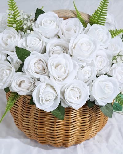 Coferset 50pcs Velvet Artificial Roses Flowers in Bulk,White - Image 4