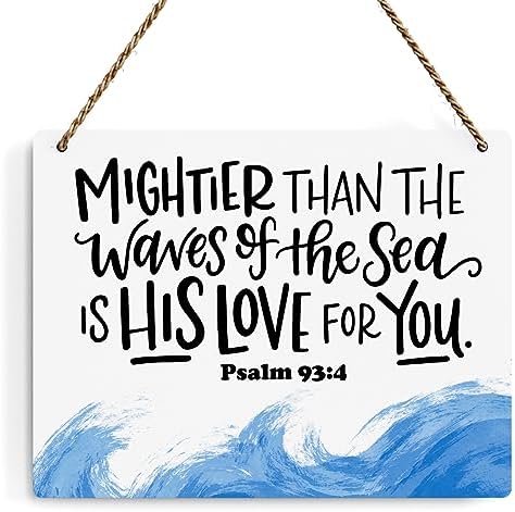 Inspirational Nautical Decor Mightier Than The Waves of The Sea Psalm 93:4 Scripture Wooden Hanging Sign Christian Gift for Baby Kids Girl Boy Nursery Teen Room Bible Verse Wall Art 10 x 8 Inches by BELLOWDEER