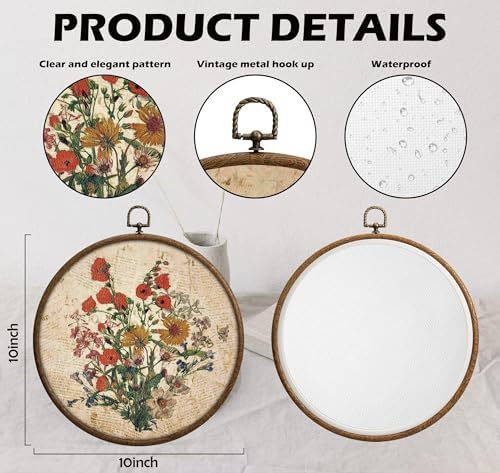 Vintage Floral Wall Decor, Printed Canvas Wall Hanging for Bedroom Kitchen Home Office, Round Wall Decoration, Wall Art Bedroom, Living Room Wall Art, Dorm Decor, Circular Wall Hanging with Hooks,2 - Image 2