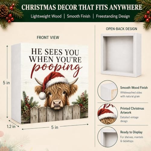 Christmas Highland Cow Bathroom Decorations Funny Wooden Box Sign - Image 4