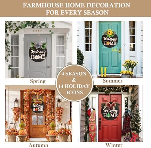 Interchangeable Welcome Sign for Front Door Decoration with 4 Seasonal Wreaths and 14 Holiday Icons, Black Welcome Door Hanger, Rustic Wooden Front Porch Sign Home décor（Black） - Image 2