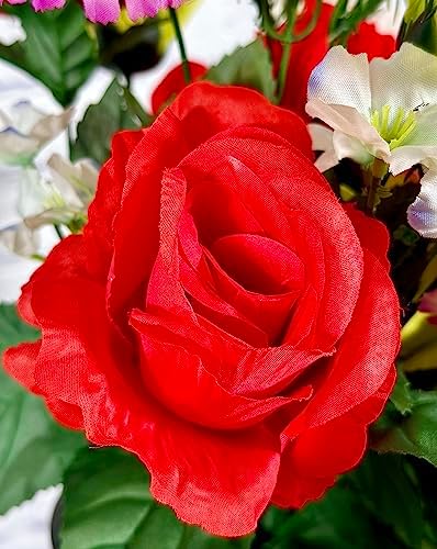 Admired by Nature 2 pcs 24 Stem Artificial Flowers Roses Carnation Mixed Bush Spring Faux Flower Indoor Wedding Home Decor, Cemetery Decorations for Grave, Red, Kiwi, Lavender - Image 3