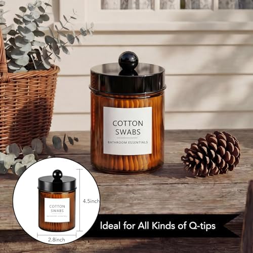 Amolliar Amber Glass Apothecary Jars Qtip Holder w/Plastic Lids,Black 2pc - Image 2