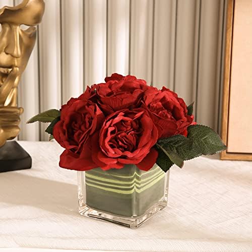 Artificial Peony Silk Flower Centerpieces Faux Floral Arrangement in Glass Vase for Home Wedding Table Decoration (Red) - Image 6