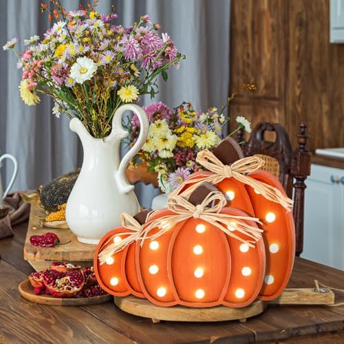 3 Pcs Light up Fall Pumpkin Decor Table Centerpieces Wooden Pumpkin Block Sign Rustic Tiered Tray Decorations Standing for Autumn Harvest Farmhouse Fall Mantel Desk Office Party - Image 6