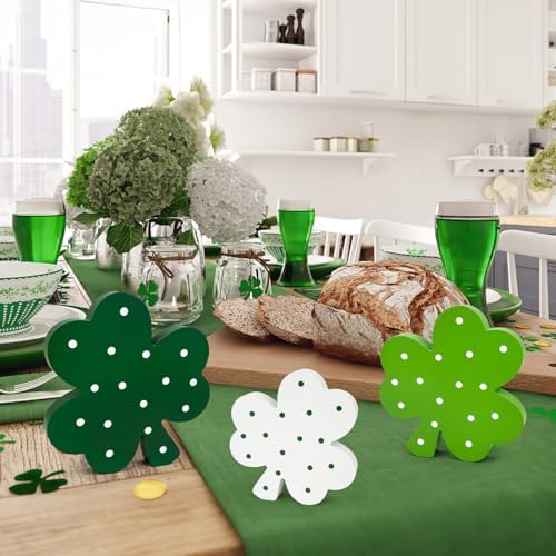 St Patricks Day Decorations 3 PCS, Wooden Green Shamrock Decoration for Home Table, Irish Lucky Clover Signs Decor for Tiered Tray Mantel Office, Saint Patricks Gifts Centerpiece for Indoor Party Desk - Image 5