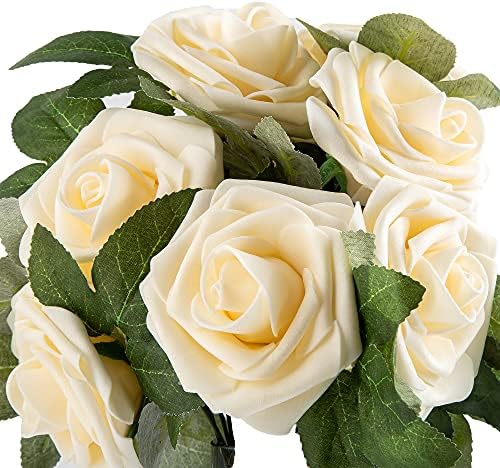 Artificial Flower Foam Rose 25pcs Real Looking Fake Rose with Stems Leaves for Home Decoration Party Garden Centerpieces DIY Wedding Bouquets（Champagne） - Image 4