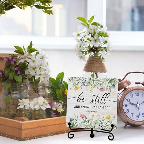 Inspirational Christian Desk Decor, Be Still And Know That I Am God Wildflower Sign, Desk Decorations For Office Home Living Room Bathroom, Eucalyptus Shelf Decor, Wooden Plaque With Stand (08) - Image 3
