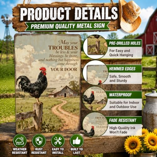Rooster Kitchen Decor Metal Chicken Signs Farmhouse Rooster Crowing Sign Farm Fence Chicken Coop Decor for Home Garden Fence Patio Farmhouse 12x8 Inch - Image 3