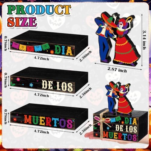 Geelin 4 Pcs Dia De Los Muertos Table Decoration Wooden Book Stack Signs - Image 2