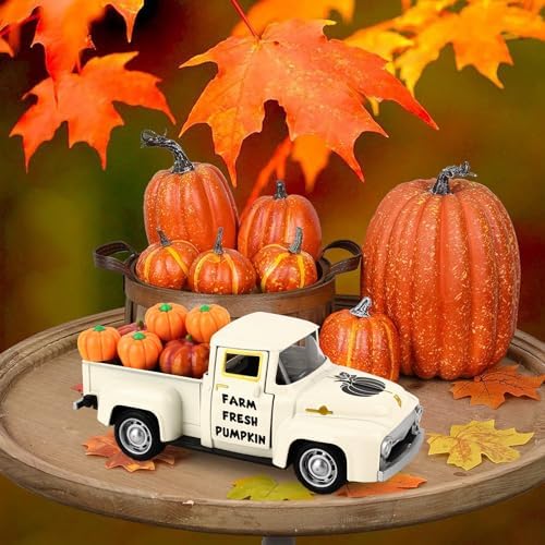 Thanksgiving Fall Tiered Tray Decor Vintage Metal Truck Fall Pumpkin Truck with Mini Fake Pumpkins White Autumn Harvest Gifts for Farmhouse Shelf Coffee Table Home Kitchen Table Decorations - Image 2