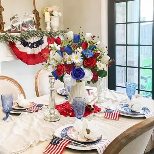 8PCS Patriotic Artificial Flowers Mixed Bush Red White Blue Rose Tulip Flowers Memorial Day Flower Bouquet for 4th of July Independence Day Grave Home Table Decoration - Image 4