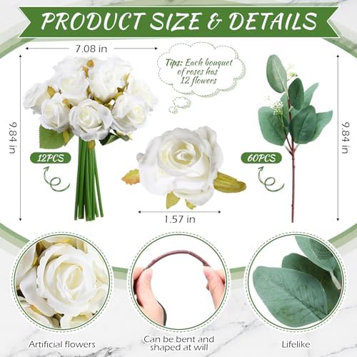 Zeyune 12 Bunches Wedding Bridesmaids Bouquets 144 Heads 7 Inch Artificial Rose Bouquets Silk Fake Flower Bulk with Stems for Proposal Anniversary Bridal Shower Home Party Decor(White) - Image 2