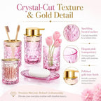 5 Piece Glass Bathroom Accessories Set, Pink & Gold Vanity Countertop Set - Image 2
