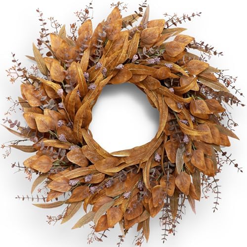 26" Artificial Fall Eucalyptus Wreath with Seeds for Front Door(Orange) by YXZZWL