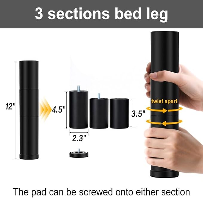 12 Inch Adjustable Bed Legs Replacement Screw in Furniture Support, 3 Sections - Image 5
