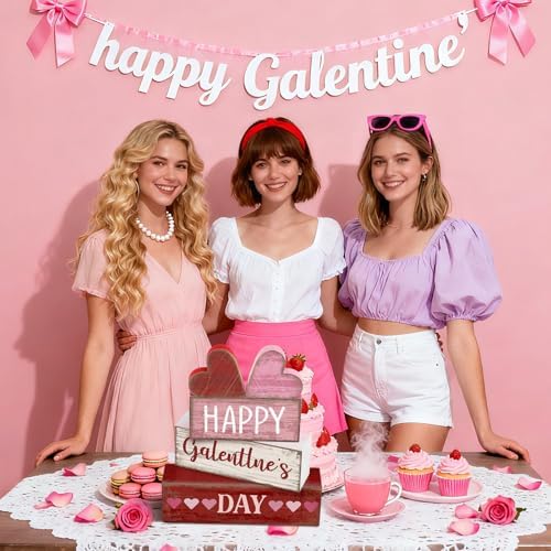 Yuntau 5 Pcs Happy Galentines Day Decorations Wood Block Tiered Tray Decor - Image 2