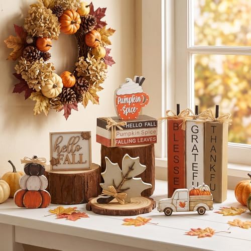 11 Pcs Fall Table Decorations Autumn Pumpkin Wooden Decorative Set Featuring Blessings Gratitude and Appreciation Sign for Thanksgiving Various Occasions Family Dining Kitchens Offices - Image 5