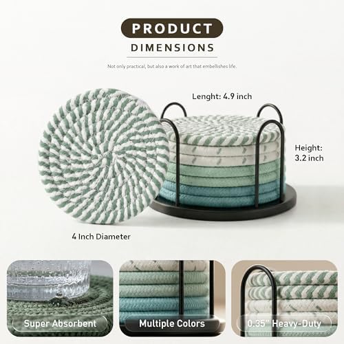Lazebox Coasters Set of 8 for Drinks, 4 Inch Large Coasters for Coffee Table, Tabletop Protection for Hot & Cold Drinks, Versatile Coasters for Home Decor, Non-Slip & Easy to Clean, Mint Green - Image 4