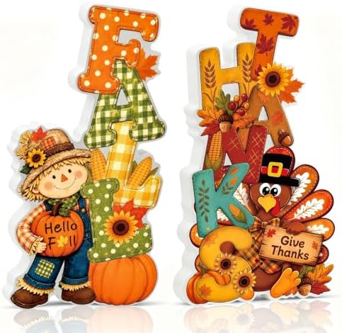 Fall Thanksgiving Table Decor 2 PCS Wooden Fall Scarecrow Turkey Decor by Unknown