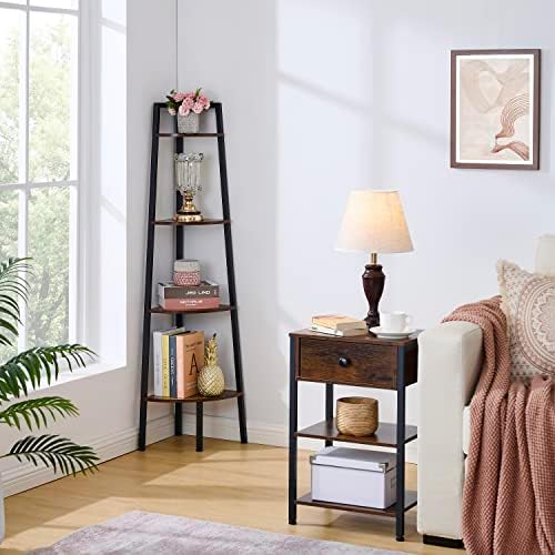 Hoctieon Corner Shelf, 4-Tier Corner Bookshelf, Rustic Ladder Shelf, Industrial Display Stand for Living Room, Kitchen, Home Office, Balcony, Small Space, Metal Frame, Rustic Brown - Image 4