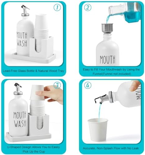 Glass Mouthwash Dispenser for Bathroom, 16 OZ Mouthwash Dispenser with Pour Spout and Wood Cup Holder and Tray, Mouth Wash Bottle Container, Farmhouse Kitchen Bathroom Decor and Accessories, White - Image 4