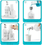 Glass Mouthwash Dispenser for Bathroom, 16 OZ Mouthwash Dispenser with Pour Spout and Wood Cup Holder and Tray, Mouth Wash Bottle Container, Farmhouse Kitchen Bathroom Decor and Accessories, White - Image 4