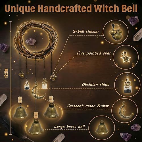 Witch Bells for Door Knob for Protection, 2 Pack Handmade Witch Bells 13.5 & 12.2 Inch with Brass Bells and Spell Jars, Vintage Boho Witchy Decor Witchcraft Supplies Wiccan Gifts for Home Wall Door - Image 4