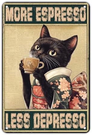 Coffee Cat Metal Signs More Espresso Less Depresso Tin Sign Kimono Cat Home Kitchen Wall Decor Bathroom Bedroom Office 12x8 Inch by KIYOYOHomeIsOurHappyPlace