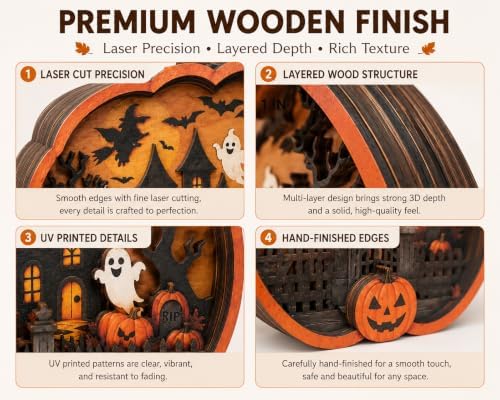 Vintage Halloween Decor 2026, 3D Wooden Pumpkin Decor, Spooky Halloween Tabletop Decoration, Rustic Shelf Mantel Ornament for Home (Pumpkin Sign) - Image 7