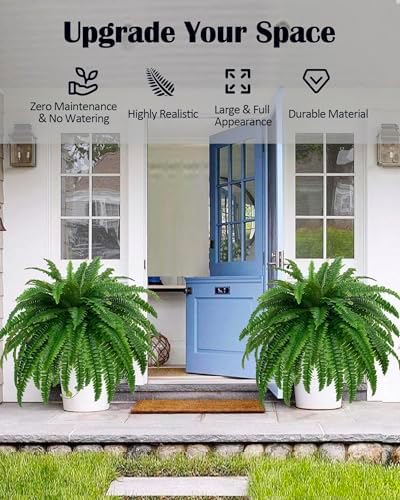 GYERB 47" Large Artificial Boston Fern Plants for Outdoor Indoor, Fake Ferns for Front Porch Hanging, Faux Greenery Bushes for Home Garden Office Decor, Silk Fern with Realistic Fronds, 88 Branches - Image 2