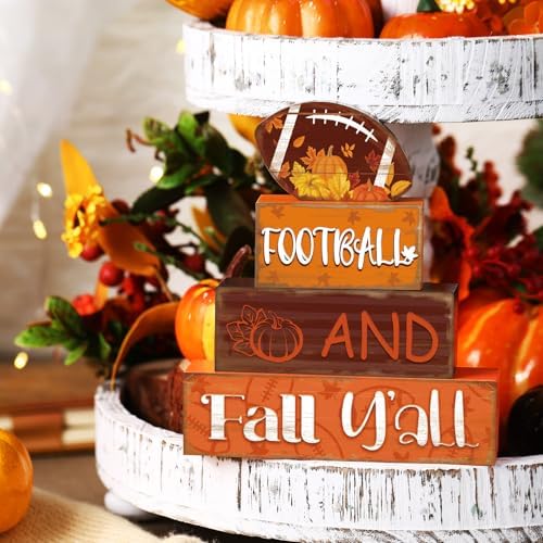 4 Pcs Fall Football Table Decor Football Wooden Blocks Signs with Sayings - Image 4