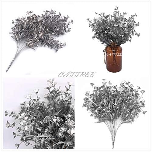 Artificial Plants for Christmas, CATTREE Plastic Grass Faux Shrubs Fake Leaves Simulation Flowers Bushes Home Indoor Outdoor Garden Wedding Festival Decoration Hall Table Planter Filler – Silver 2 Pcs - Image 4