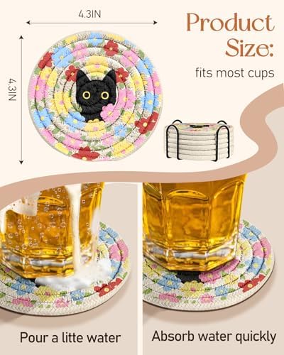 Absorbent Cup Coasters Set of 6 with Holder, Cat Flower - Image 4