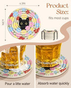 Absorbent Cup Coasters Set of 6 with Holder, Cat Flower - Image 4