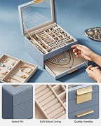 SONGMICS Jewelry Box Organizer, 3-Layer Storage with 2 Drawers, Glass Lid - Image 5