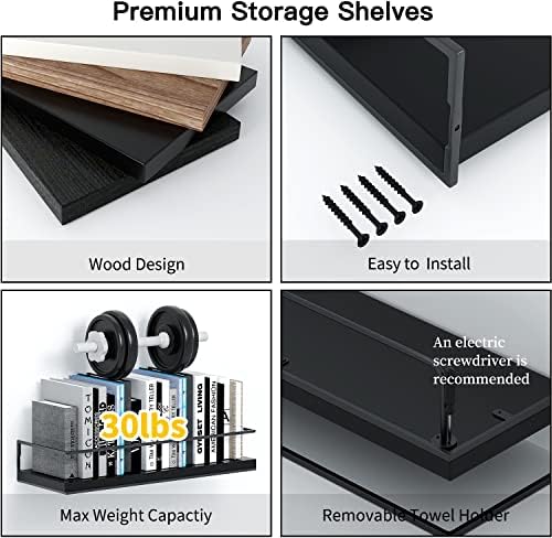 Shario Black Floating Shelves - Set of 2, Wall Mounted Hanging Shelves with Black Towel Rack, Decorative Storage Shelves for Bathroom, Kitchen, Living Room & Bedroom - Image 6