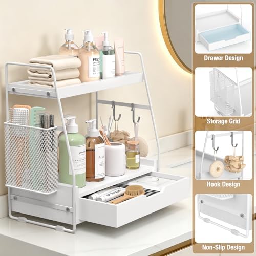 2-Tier Bathroom Counter Organizer with Drawer, Wood Counter Storage Shelf - Image 3
