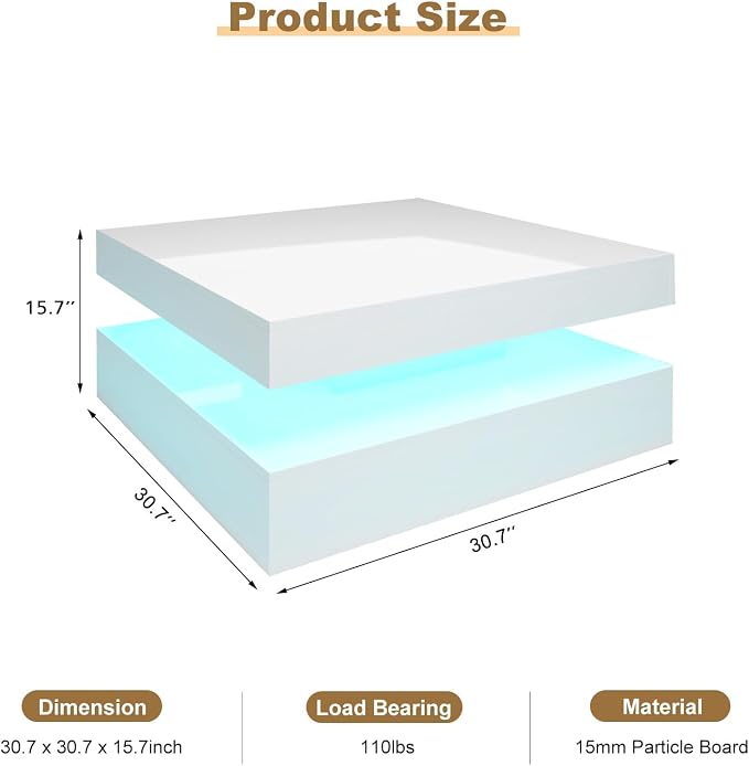 HedoAjim LED Coffee Table for Living Room, Living Room Table 2-Tier Square - Image 2