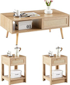 Rattan Center Table and Nightstand Set, 3-Piece Wood Living Room Table Set by YOUGUO