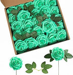 Artificial Flower Foam Rose 25pcs Real Looking Fake Rose with Stems Leaves for Home Decoration Party Garden Centerpieces DIY Wedding Bouquets（Tiffany） by Lansdowns