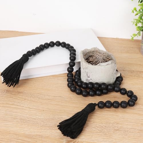 RAMIRABI Wood Beads Garland with Tassels, 39in Black Beads Home Decor - Image 2