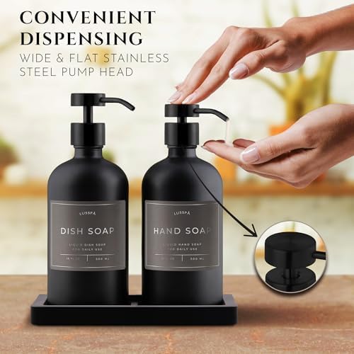 Glass Soap Dispenser Set of 2 (Black) with Silicone Tray | Hand and Dish Soap Dispenser for Kitchen and Bathroom | 16.8 Oz Glass Bottles with Stainless Steel Pump & 15 Waterproof Labels (Black) - Image 4