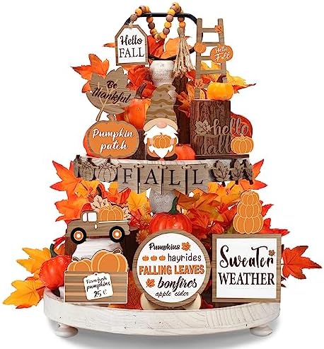 Maitys 21 Pcs Fall Tiered Tray Decor Set Hello Fall Pumpkin Gnome Truck Wood Sign Rustic Farmhouse Thanksgiving Wood Bead Decorative Tabletop Sign for Home Autumn Thanksgiving Harvest Table Shelf by Maitys