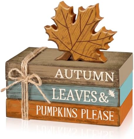 4 Pcs Fall Decorations for Home, Maple Leaf Book Stack Block Sign by Anglechic