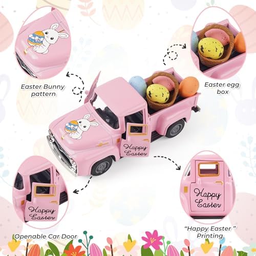 Spring Truck Decor, Pink Egg Bunny Truck Decorations for Home Indoor, Mini Basket Eggs Truck Tiered Tray Decor, Spring Rustic Farmhouse Kitchen Tabletop Decorations for Office - Image 5