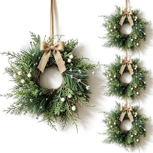 6 Pcs Small 4th of July Hanging Wreaths for Cabinets Patriotic Mini Candle Ring Wreath with Red White Blue Flowers Artificial Independence Day Wreath for Front Door (4, Winter White Berry) by Unknown