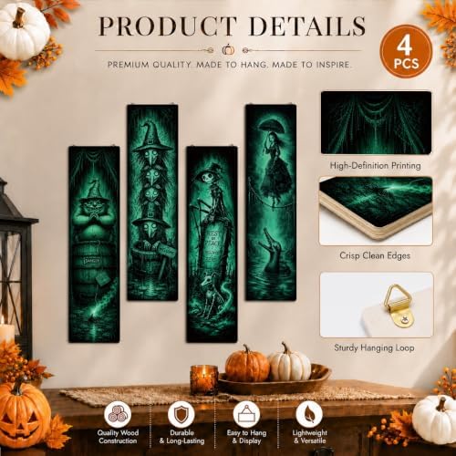 Retro Halloween Sign, 4 Pcs Halloween Hanging Signs, Wooden Wall Art Decor - Image 3