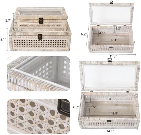 Set of 2 Rattan and Cane Stacking Boxes ,12" and 14", White Wash - Image 6